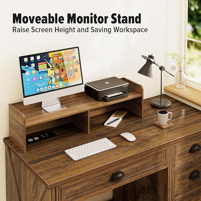Computer Desk with Monitor Stand 47 in Farmhouse Home Office Desk with LED Lights Power Outlets Executive Desk with Storage for Working Gaming Study Writing Table for Bedroom Walnut
