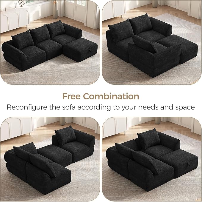 104 Modular Sectional Sofa with Deep Seat L Shaped Cloud Couch for Living Room 3-Seater Boneless Sofa with Movable Ottomans Removable Cover No Assembly Required Graphite Black