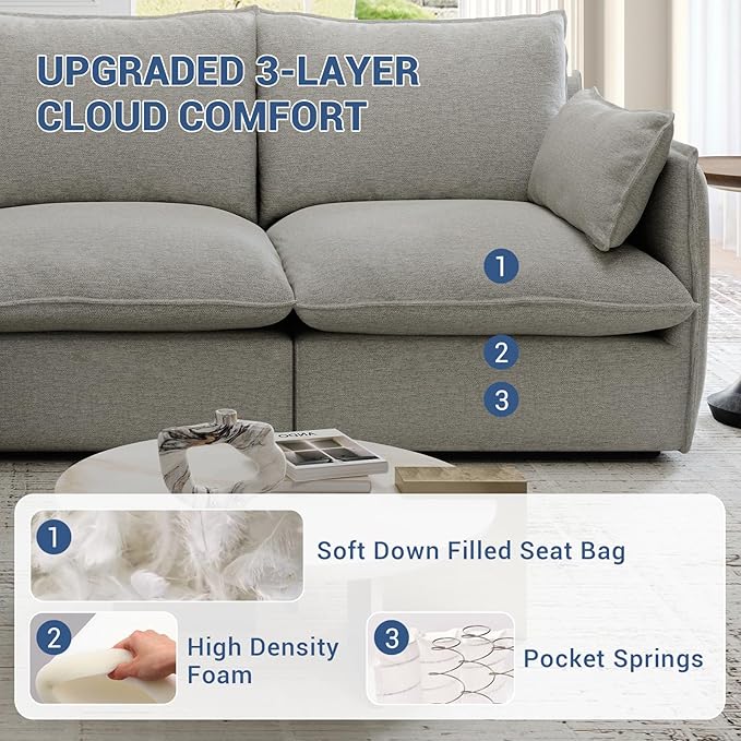 94.6 Cloud Modular Sectional Sofa Waterproof Down Filled Sectional Sofas High Backrest L Shaped 3 Seater Sectional Couches with Ottoman Modular Couch with Removable Cover Light Gray