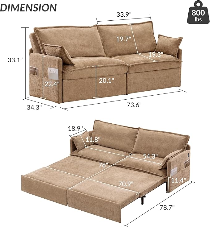 King Size Pull Out Couch3-in-1 Corduroy Sleeper Sofa Couch with Pull Out sofa bedUSB &amp Side StorageConvertible Loveseat Sleeper couch for Living Room Bedroom pet-friendly (Khaki 73.6'')