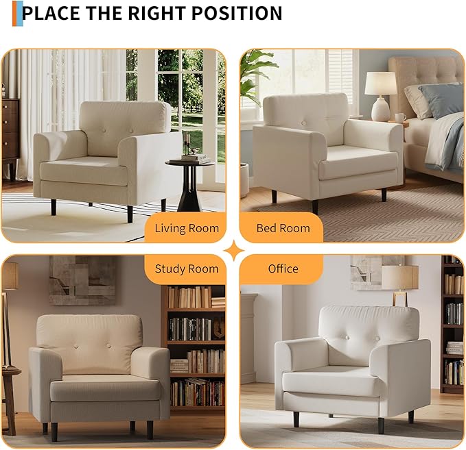 Garvee 38 Wide Armrest Accent Chair Linen Upholstered Reading &amp Lounge Chair for Living Room Bedroom Office &amp Reading Nook High-Density Foam Comfortable Single Sofa Chair（Beige）