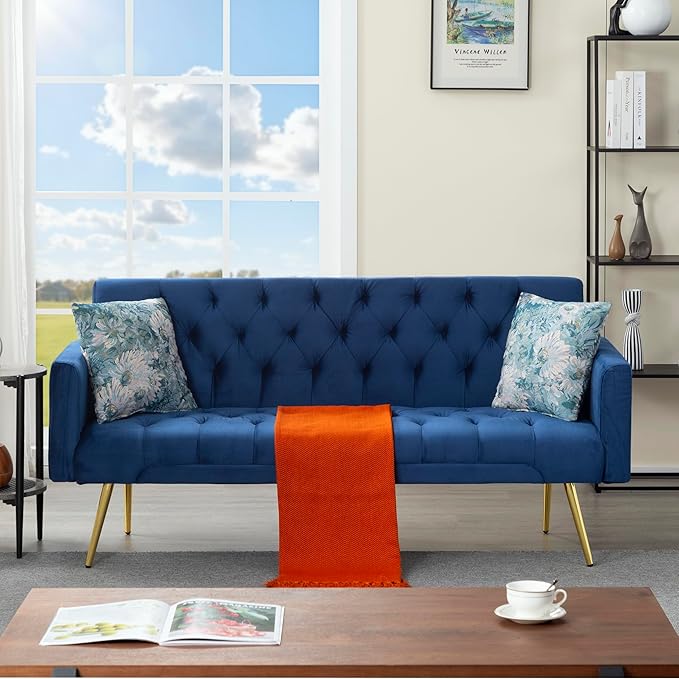 68.5” Futon Sofa Bed Convertible Futon Couch with Adjustable BackrestFolding Sofa Bed with 2 Pillows &amp Metal Legs Sleeper Loveseat with Armrest for Home Office (Bule)