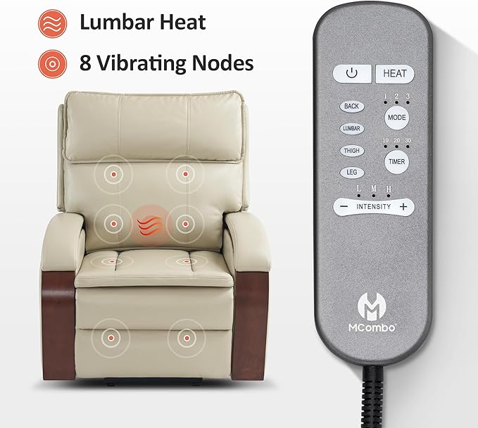 MCombo Power Lift Recliner Chair Sofa with Massage and Heat Adjustable Headrest for Elderly People Solid Wood Armrest USB Ports Side Pockets Faux Leather 7917 (Cream White Medium)
