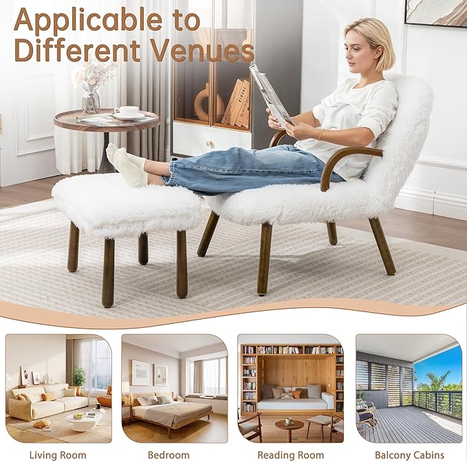Modern Corduroy Accent Chair with Ottoman White Upholstered Lounge Chair Set with Wood Arms Living Room Furniture 31.5 Height (Artificial Fur White)