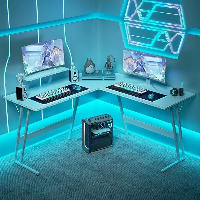 Homall L Shaped Gaming Desk Computer Corner Desk PC Gaming Desk Table with Large Monitor Riser Stand for Home Office Sturdy Writing Workstation (Blue 51 Inch)
