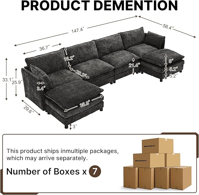 Cloud Modular Sectional Sofa U-Shaped Deep Seat Oversized Couch for Large Living Room Pet-Friendly Chenille Fabric Sofa Set with Ottoman for Family Movie Nights