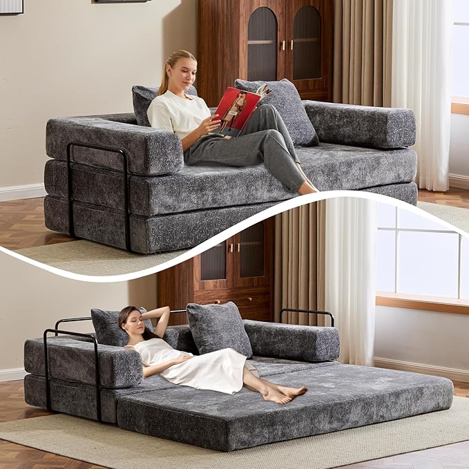 Folding Sofa Bed Modular Sectional Cloud Couch Convertible Sleeper Sofa Bed with Pillow Back Support Armrest for Living Room Bedroom Lounge No Assembly Required Chenille (Dark Grey)