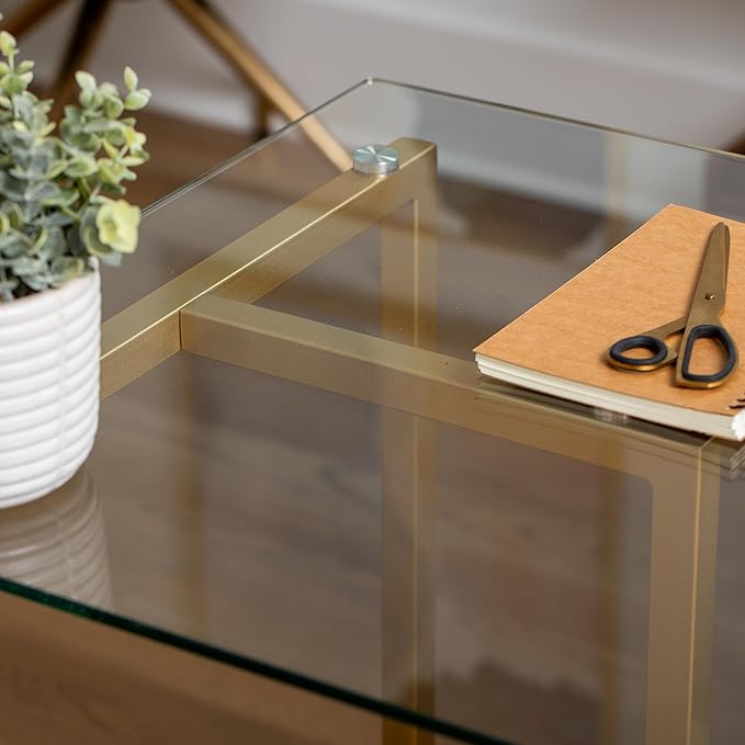 Martha Stewart Eli Home Office Desk with Glass Top and Steel Frame Polished Brass