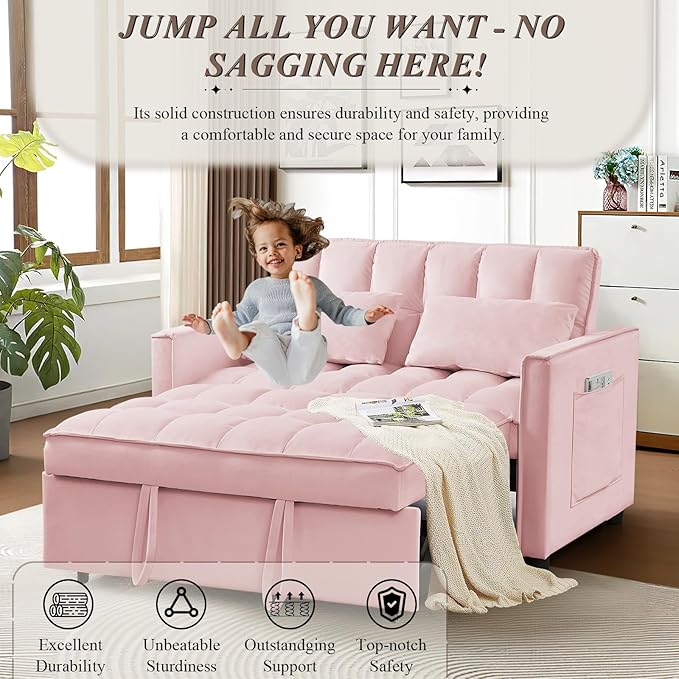 3 in 1 Convertible Sleeper Sofa Bed Futon Couches for Living Room with Side Pocket/Adjustable Backrest Velvet Upholstered Pull Out Couch Small Loveseat Sofa Bed for Bedroom Office Small Spaces