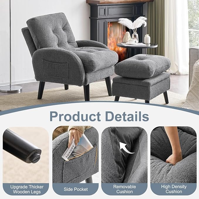 ELUCHANG Accent Chairs with Ottoman Upholstered Comfy Armchair with Adjustable Backrest&ampStorage Footrest Lazy Chair Reading Chair Leisure Sofa Recliner for Living Room Bedroom (Grey - Teddy Fabr