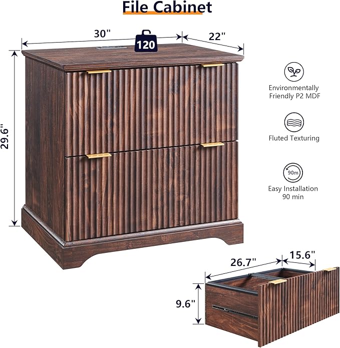 JXQTLINGMU 2 Drawer File Cabinet with Charging Station 30 Fluted Lateral File Cabinet w/Files Hanging Rod for Letter/Legal/A4 Large Tabletop for Printer Office Wood Printer Cabinets Dark Walnut