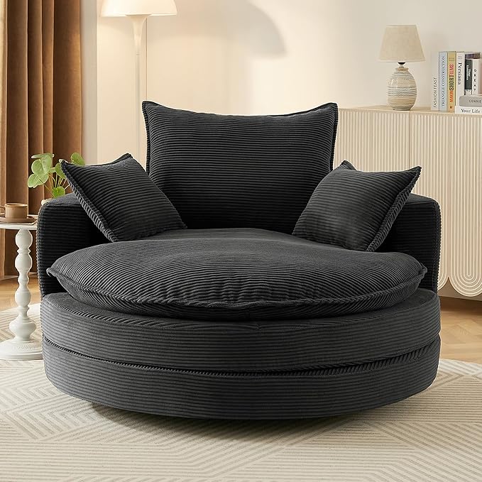 360° Swivel Sofa Chair with Dual-Layer Cushion Design 57.5 Swivel Round Accent Barrel Chair with 3 Removable Pillows for Living Room Office and Hotel (Black//261)