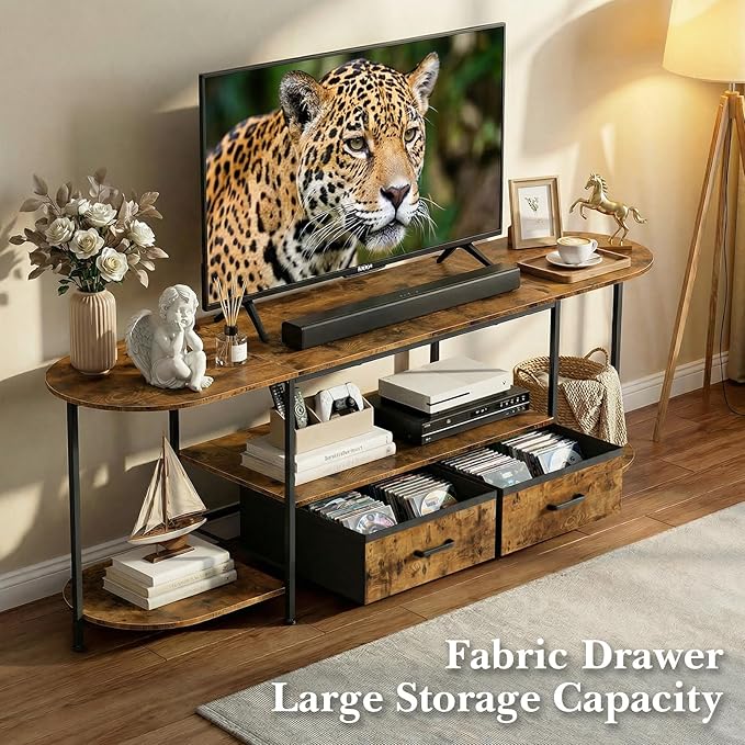 63 TV Stand for TVs up to 75 Inches Curved Edge Media Console &amp Entertainment Center with 2 Fabric Drawers Modern TV Console Table for Living Room or Bedroom Rustic Brown