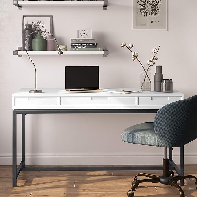 SIMPLIHOME Banting Desk - 60 Inch Wide Solid Wood and Metal Writing Desk in White Modern Industrial Home Office Computer Table for Study with 2 Drawers and Flip-Down Keyboard Tray
