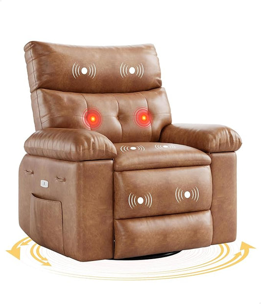 GarveeHome Power Rocker Swivel Recliner Chair - Heat and Massage PU Leather Electric Glider Rocking Chair with USB Port Glider Recliner Nursery Chair for Living Room Bedroom Nursery