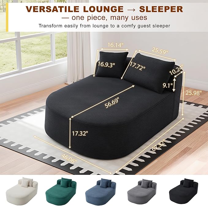 Chaise Lounge Chair Indoor 67.5 Oversized Boneless Couch Could Comfy Upholstered Sleeper Sofa Bed Corduroy Plush Modern Curved Floor Sofas Chair with 2 Pillows for Readng Living Room Bedroom Apartment