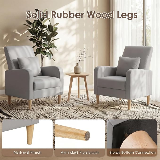 COLAMY Mid-Century Modern Upholstered Accent Chair with Back Pillow &amp Solid Wood Legs Leather Cozy Armchair for Living Room Bedroom Reading Nook Apartment &amp Small Spaces Lightgrey