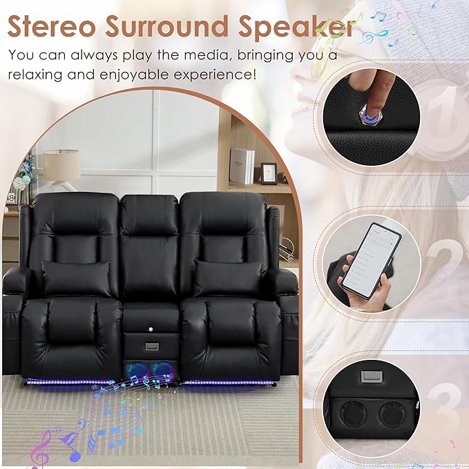 TUNYI Wall Hugger Loveseat Recliner Sofa with Console Power Reclining Loveseat RV Couch with Massage &amp Heat/USB/Outlet/Storage/LED Light/Speaker (Black)