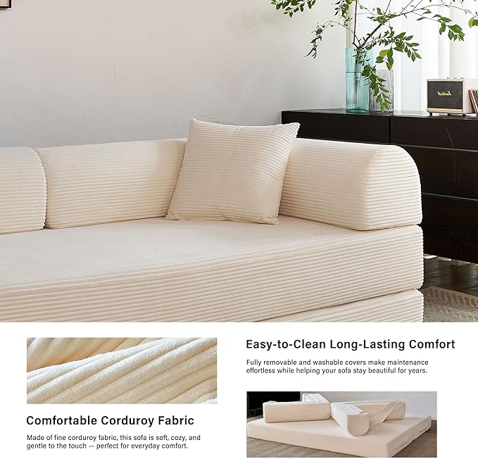 79 5-in-1 Folding Convertible Sofa Bed Oversized Corduroy Futon Floor Couch with Pull-Out Sleeper Modular Boneless Loveseat for Small Spaces Living Room Bedroom (White1)