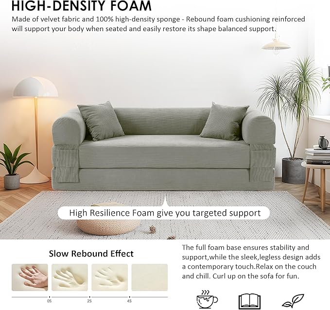 80 Convertible Sofa Bed No Assembly Modern Boneless Compression Sofa in Box 3-in-1 Corduroy Folding Pull Out Couch with Pillows Floor Couch with Side Storage Pocket for Living RoomLight Grey