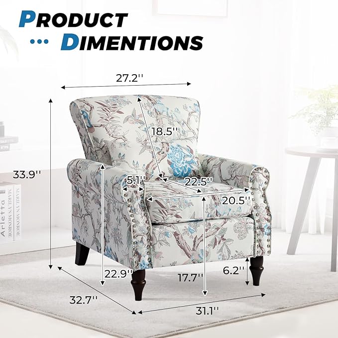 Floral Accent Chair with Lumbar Pillow Retro Wingback Armchair with Nailhead Trim &amp Rolled Arms Modern Linen Fabric Upholstered Recliner for Living Room Bedroom Reading Chair Easy Assembly