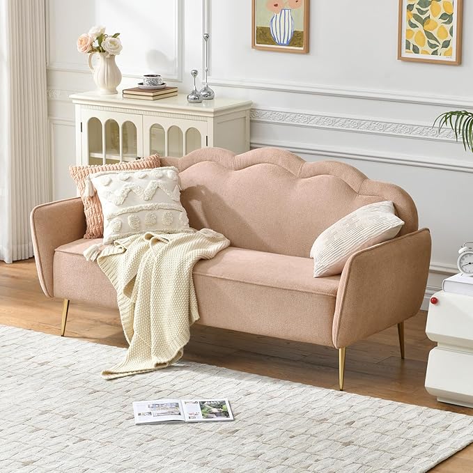 VELOCAVA 67 Loveseat Sofa Modern 2-Seater Upholstered Couch with Linen-Textured Fabric Curved Scalloped Back 7.87 Raised Legs for Living Room Apartment or Bedroom Pink