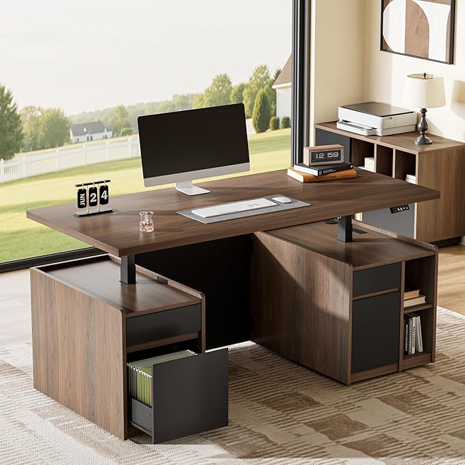 Executive Standing Desk with Drawers &amp Storage 70.8'' Adjustable Electric Stand Up Wood Desk with Privacy Panel AC/USB File Cabinet Large One-Piece Desktop for Home Office Black Walnut