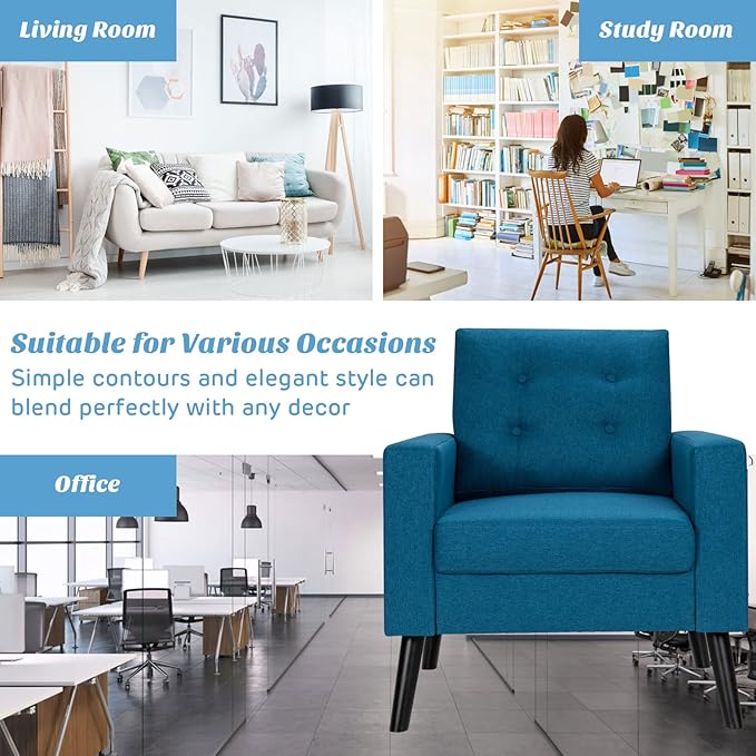 Giantex Modern Accent Chair Mid-Century Upholstered Armchair Club Chair with Rubber Wood Legs Patented Linen Fabric Single Sofa for Living Room Bedroom Office Navy