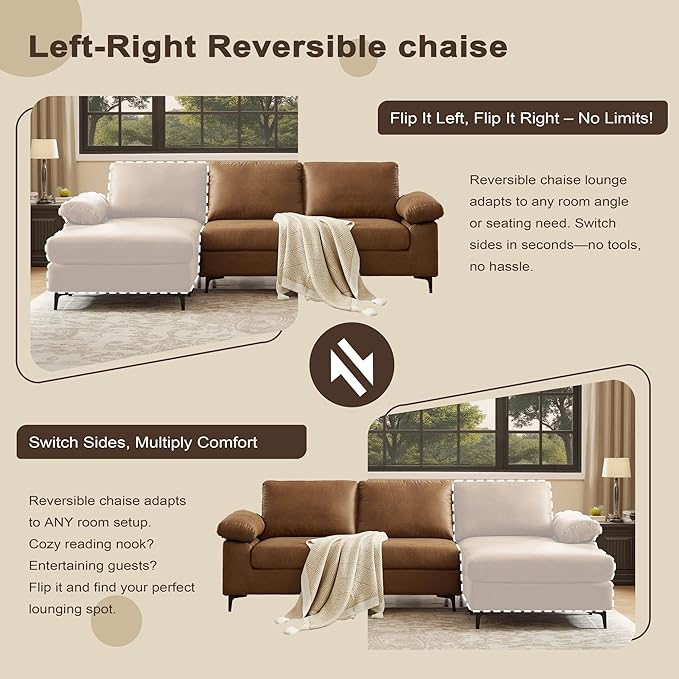 100.8 Sectional Sofa Faux Leather Couch with Reversible Chaise Mid-Century L Shaped Sofa Couch for Living RoomApartment Office (Light Brown Sofa with Chaise)