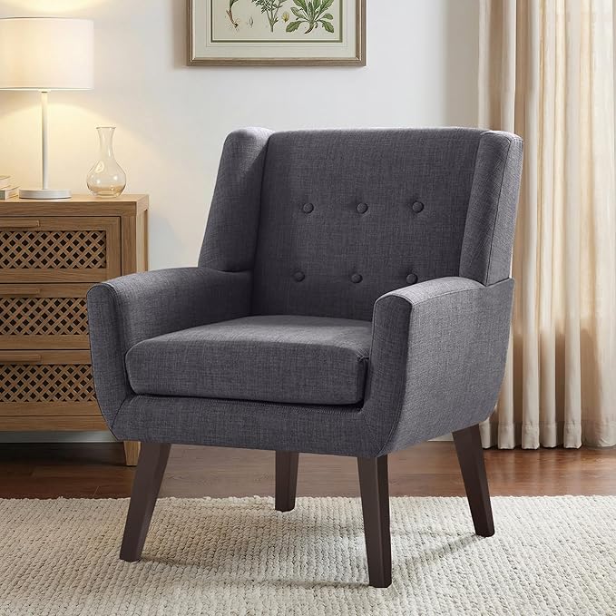 HUIMO Accent Chair Living Room Chair Upholstered Button Tufted Armchair Linen Fabric Sofa Chairs for Bedroom Living Room Mid Century Modern Comfy Reading Chair (Grey)