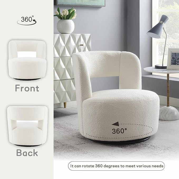 Swivel Accent Chair 360° Swivel Comfy Upholstered Seat for Living Room Bedroom Office Swivel Barrel Chair in Soft Teddy Fabric for Makeup Vanity &amp Waiting Room(White)