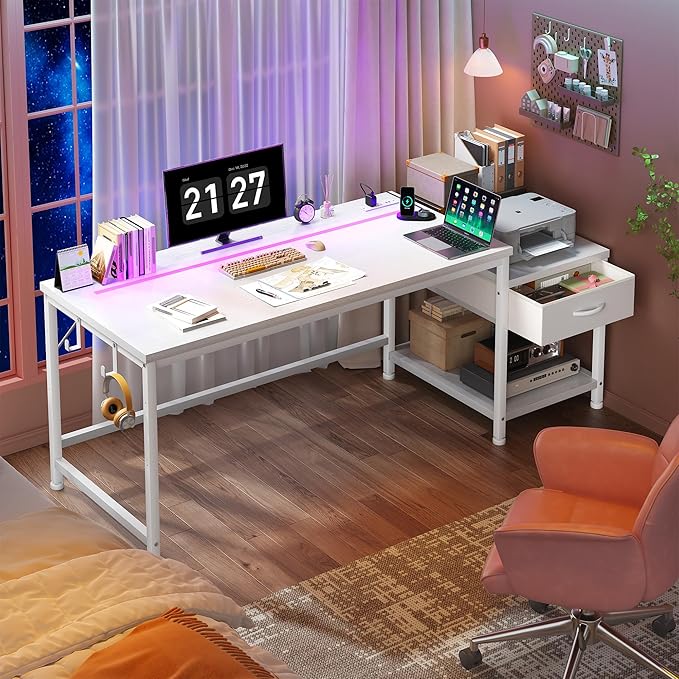 56 Inch White Desk with Drawers &amp Shelf to StorageComputer Desk with Power Outlet &amp LED LightsReversible Office Desk with Hooks for HeadphoneBagsDesk for BedroomDormTeens Study Room
