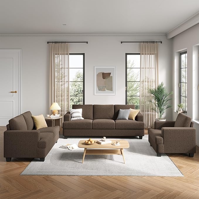 84 Inch Sofa with Extra Deep Seats Oversize Linen Fabric 2 Seater Sofa for Living RoomModern Couch and Loveseat Comfy Armrests and Seats and Backrests Easy Installation Brown