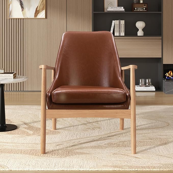PU Leather Accent Chair Mid Century Modern Armchair with Solid Wood e Reading Leisure Chair with High Back for Living Room