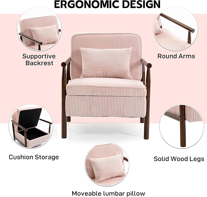 Accent Chair Comfy Modern Mid-Century Accent Chairs with Storage Corduroy Upholstered Lounge Armchair with Solid Wood Reading Side Single Sofa for Living Room/Office/Balcony/Bedroom-Pink