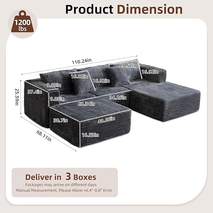 110 Modular Sectional Couch with 2 Movable Ottoman Cloud Sofa Couches for Living Room U Shaped Deep Seat Boneless SofaLuxury Corduroy Fabric No Assembly Required Grey