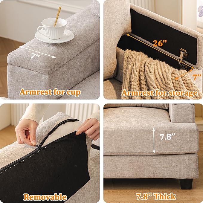 Oversized Accent Chair with Armrest OrganizerComfy Living Room Chairs with Thick CushionUpholstered Linen Fabric ArmchairBig Reading ChairSofa Chair for BedroomKhaki