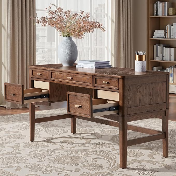 HULALA HOME 56 Home Office Desk with 5 Drawers and Hidden Compartment Drawer Mid-Century Modern Computer Desk with Solid Wood Legs Executive Desk for Work Study Writing Walunt
