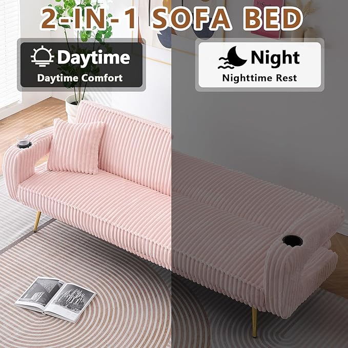 70 Beige Futon Couch Bed Sofa Comfortable Futon Loveseat with Cupholders &amp Arms Convertible Fouton Sofas with Adjustable Backrest &amp Pockets for Small Spaces Living Room Bedroom Dorm (Pink)