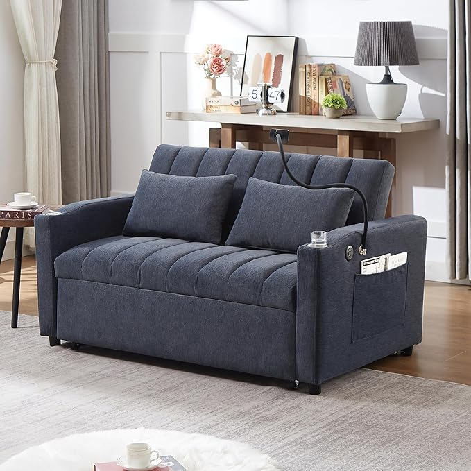 Pull Out Sofa Bed 55.9 Convertible Sofa Bed with 360°Swivel Phone Holderm Two Side Pockets Two Cup Holders 3 Level Adjustable Backrest Bella Fabric Loveseat Sofa (Blue Grey * Loveseat90)