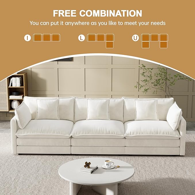 Modular Sectional Sofa 111.5 Inch I-Shaped Cloud Sofa with Deep Seat Chenille Sofa with Cushions Three-Self Sectional Sofa for Living Room ApartmentWhite