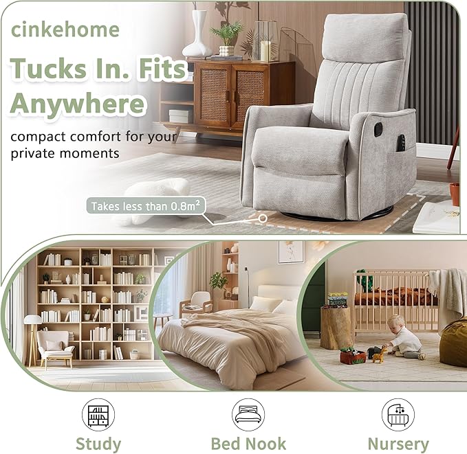 cinkehome Heated Massage Swivel Rocker Recliner Chair Nursery - Small Space Reclining Chair with Lumbar Support 360° Swivel &amp Gentle Rocking Ergonomic High Back Chenille Fabric Beige