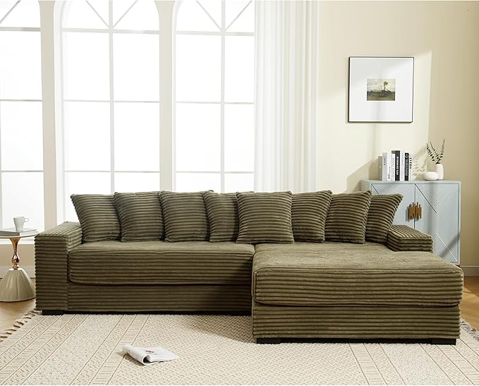 111 Inch Corduroy Sectional Couches for Living Room | L-Shaped Sectional Couch with 8 Pillows | Cloud Couch with Deep Seat | Solid Wood Frame Sofa Green (Right Facing Chaise)