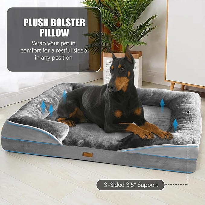 Orthopedic Dog Bed with Sides - Dog Sofa Beds for Extra Large Dogs Supportive Foam Pet Couch Bed with Washable Removable Cover Waterproof Lining and Non-Slip Bottom Grey - XXL