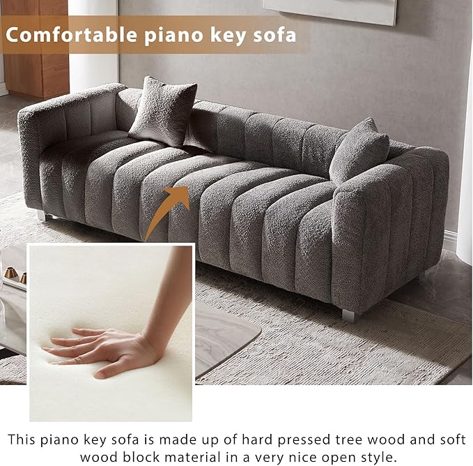 83.46 Oversized Boucle Sofa CouchModern Teddy Deep Seat SofaUpholstered Tufted Couchwith 2 Accent Pillow3 Seater Coucher for Living Room ApartmentOffices. (Grey)