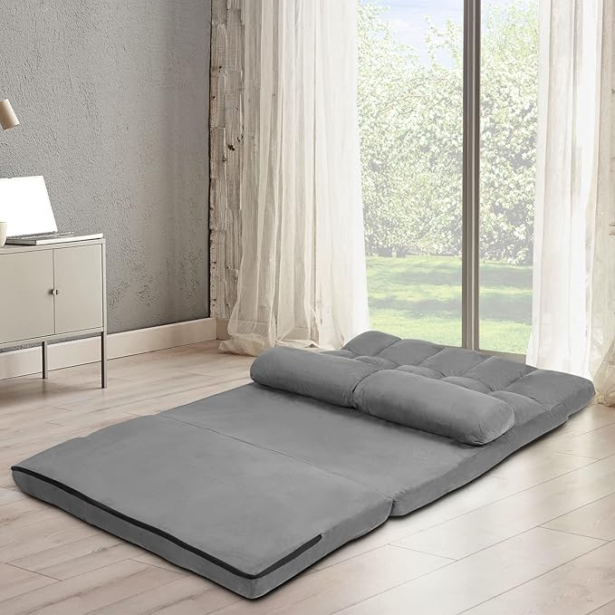 COSTWAY Floor Sofa Couch with 2 Pillows Foldable 6-Position Adjustable Lazy Sofa Bed Sleeper with Metal Frame Soft Suede Fabric Gaming Playing Lounge Recliner for Adults (Grey)