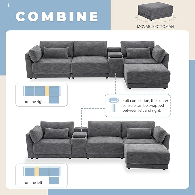 Merax Modern Oversized L-Shaped Sectional Sofa with Ottoman USB Charging Port &amp Storgae Drawers Chenille Reversible Couch Set with 4 Pillows for Living Room Easy Assemble Gray