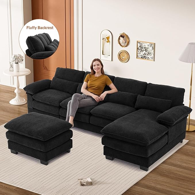114 U Shaped Cloud Couch Sectional Modular Sofa Sectional Couches for Living Room Modern Comfy Chenille Modular L Shaped Sofa Set with Chaise Lounge Ottoman Black