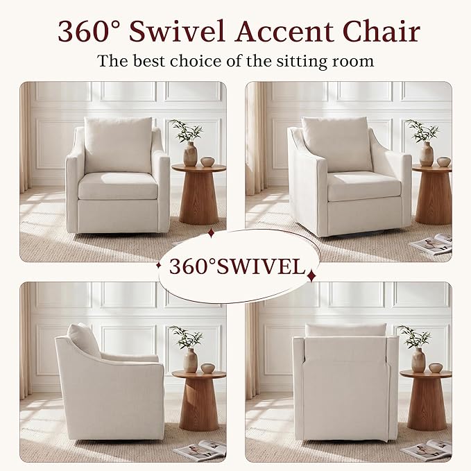 ANJ 360° Swivel Accent Chair Large Comfy Fabric Reading Chair with Wide Curved Back and Soft Pillows Mid Century Modern Chair for Living Room and Bedroom Beige