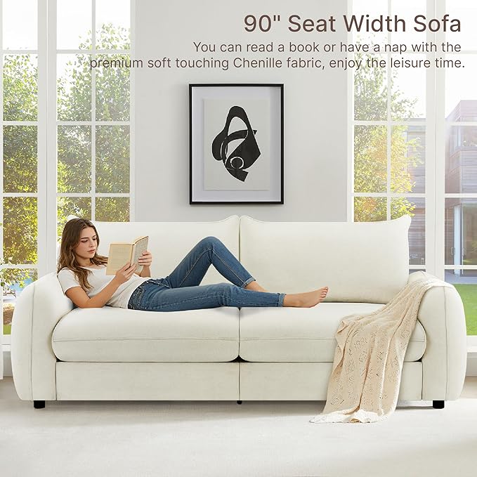 90'' Cloud Loveseat SofaChenille Fabric Couch with 3 Deep Seater Modern Love SeatComfy Thick CushionUpholstered Sofa Couch for Living Room Bedroom Apartment